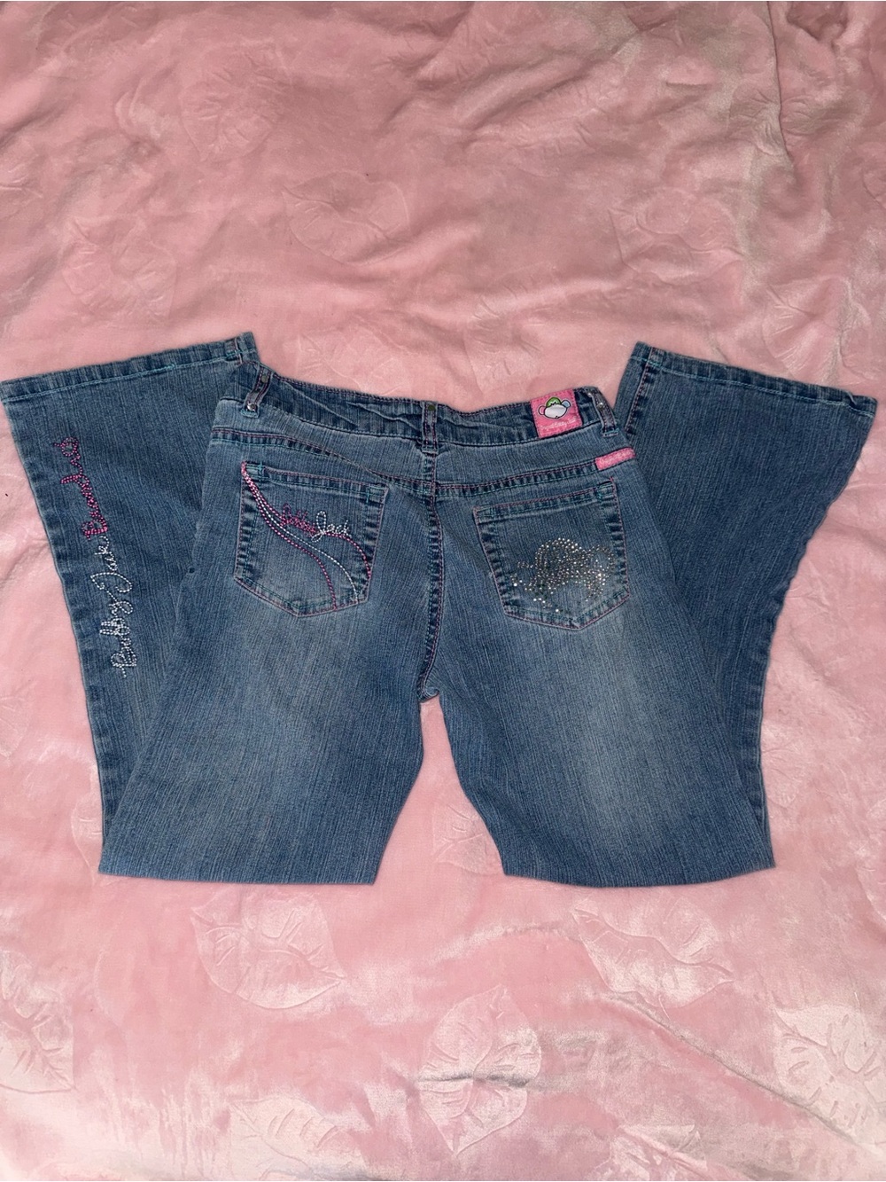 Y2K Bobby Jack low rise flare jeans with pink stitching and rhinestone details